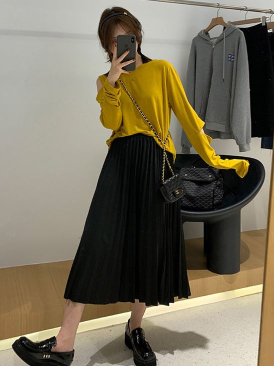 Chân váy maxi xếp ly lưng thun - V658