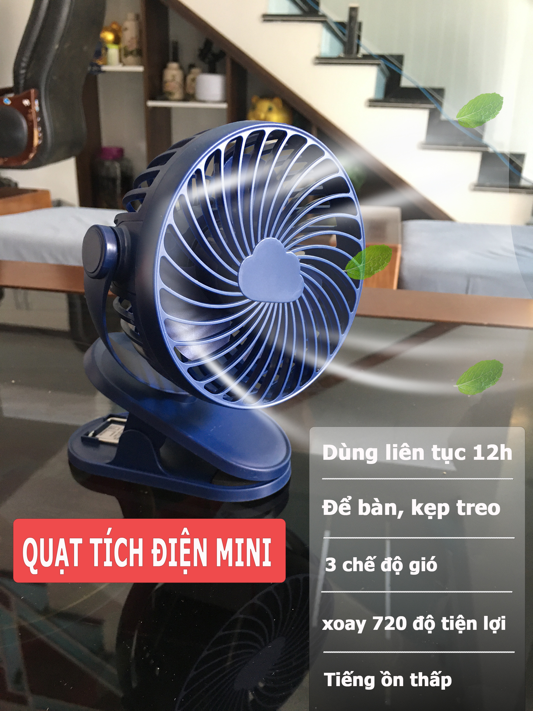 Quạt tích điện, pin trâu dùng tới 12h, quạt mini cầm tay, quạt để bàn, kẹp treo tiện lợi