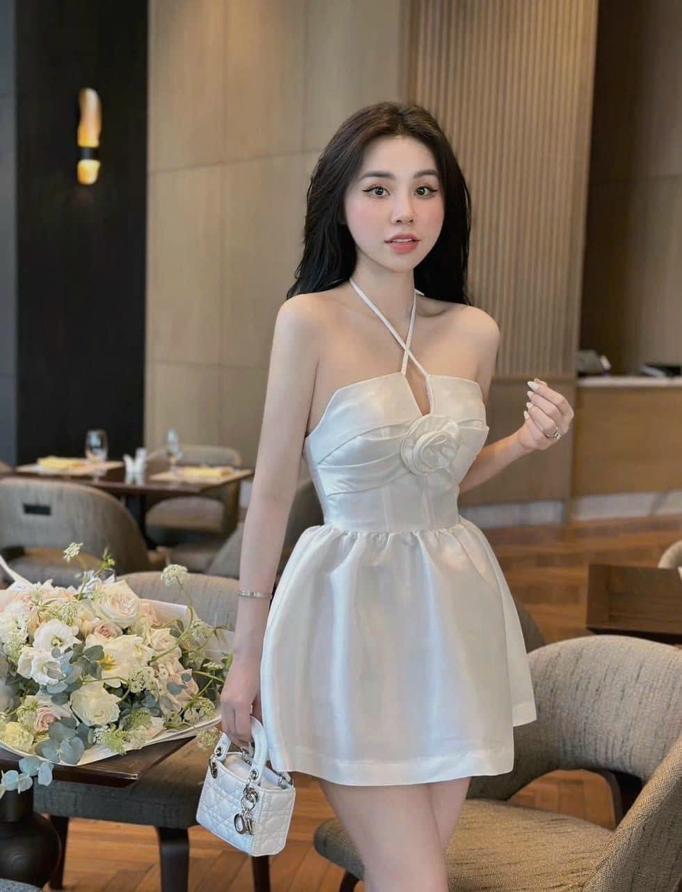 Đầm xoè dự tiệc,đầm xoè cúp cổ chéo xếp li ngực kết bông hàng thiết kế cao cấp