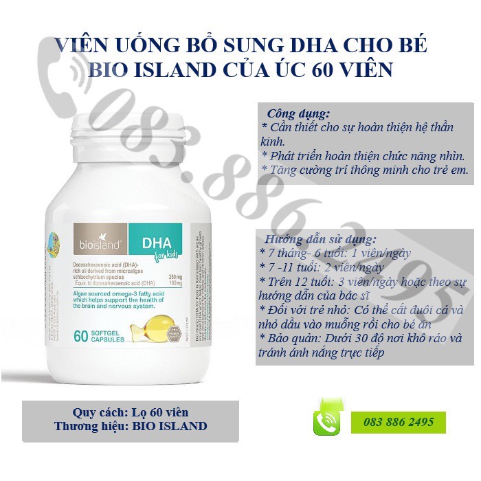 BIO ISLAND DHA FOR KIDS ( VIÊN UỐNG DHA CHO BÉ BIO ISLAND CỦA ÚC 60 VIÊN)