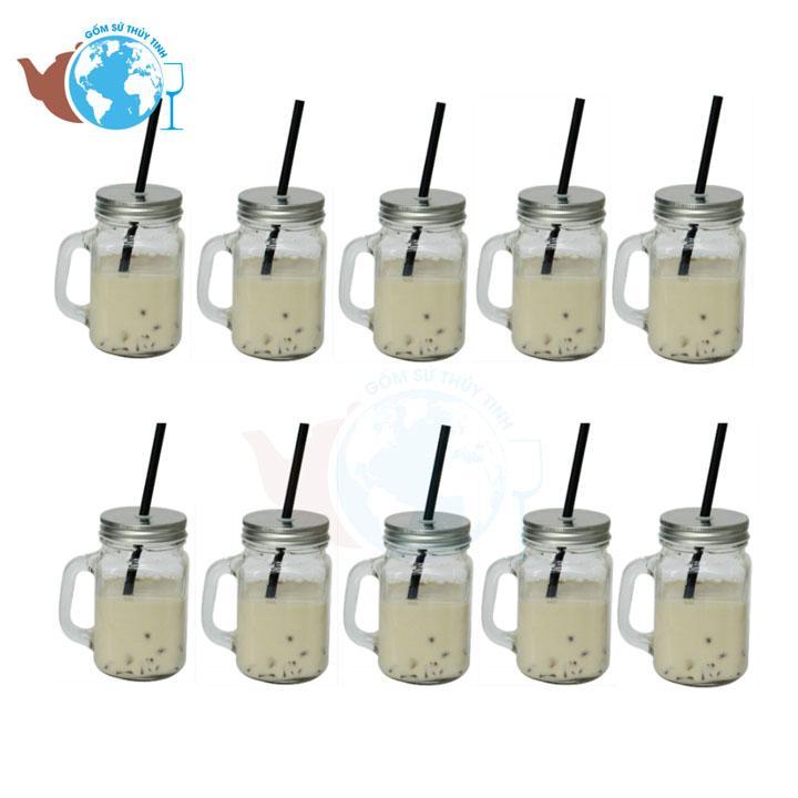 [HCM] Bộ 10 ly quai thủy tinh uống trà sữa có nắp 450ml - Được sử dụng nhiều trong việc đựng các loại gia vị như các loại hạt loại bột