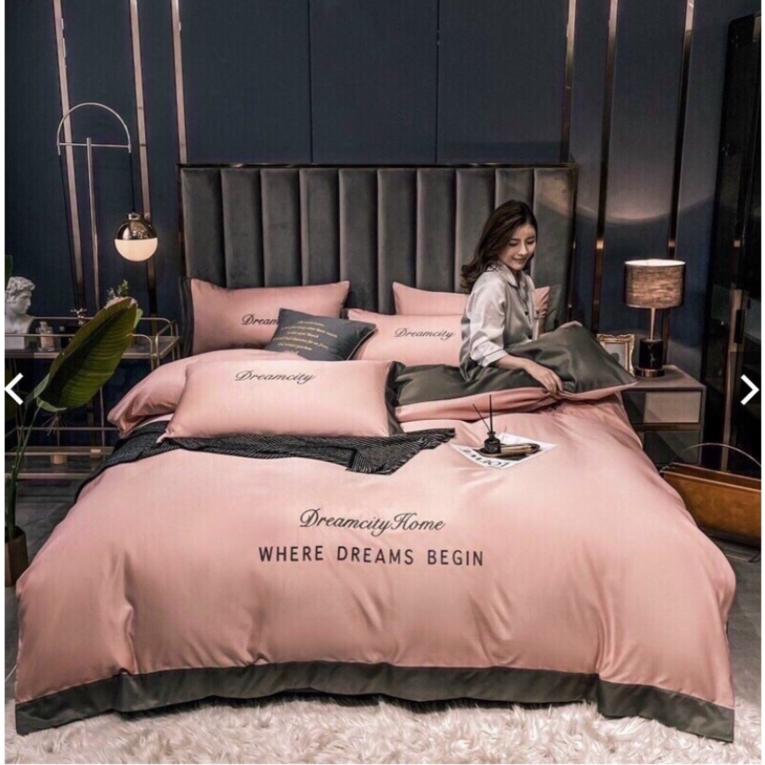 Chăn ga gối Duo Decor phi lụa set 4 món Dream City phối 2 màu ( có tặng vỏ ôm )