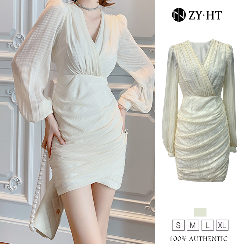 ZYHT eravogue váy sơ mi váy dự tiệc Tay áo lồng đèn áo dài tay Cổ chữ v váy ngang hông chân váy đầm nữ dễ thuong 5296