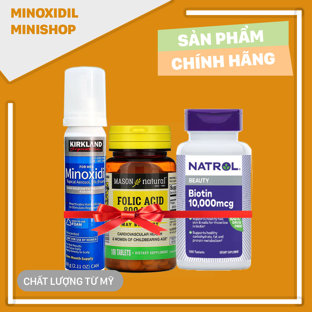Minoxidil 5% Dạng Bọt Mọc Râu Tóc Combo Biotin Folic