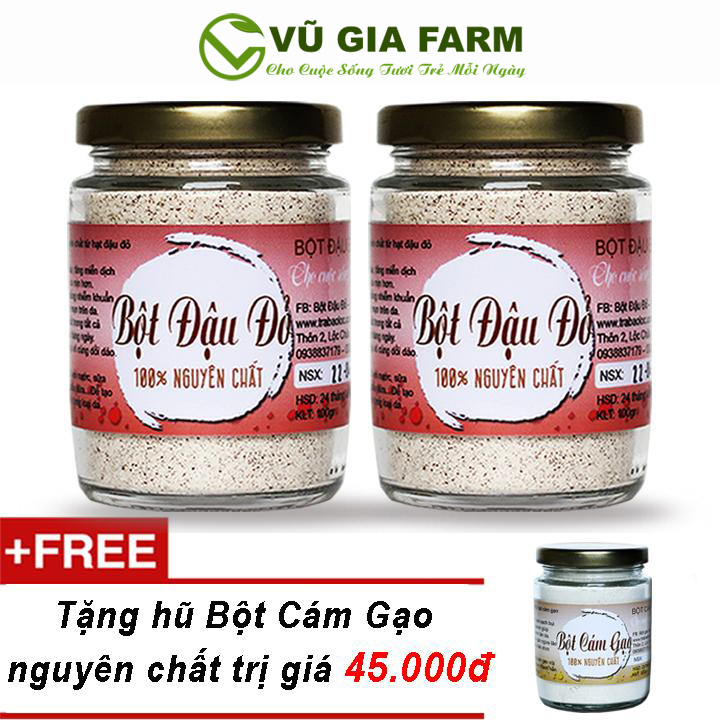 Combo 2 Bột Đậu Đỏ Nguyên Chất Vũ Gia (100g/hũ) + Tặng Bột Cám Gạo Nguyên Chất 100g - Đắp mặt nạ dưỡng da, tẩy té bào chết - Đã được kiểm nghiệm y tế