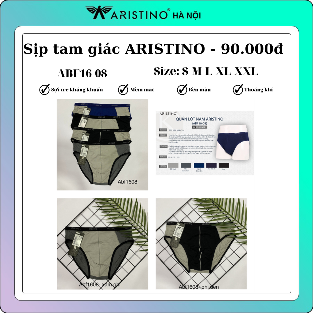 Quần sịp tam giác aristino - abf1608 cạp nhỏ, chất liệu sợi tre thoáng mát, êm mịn