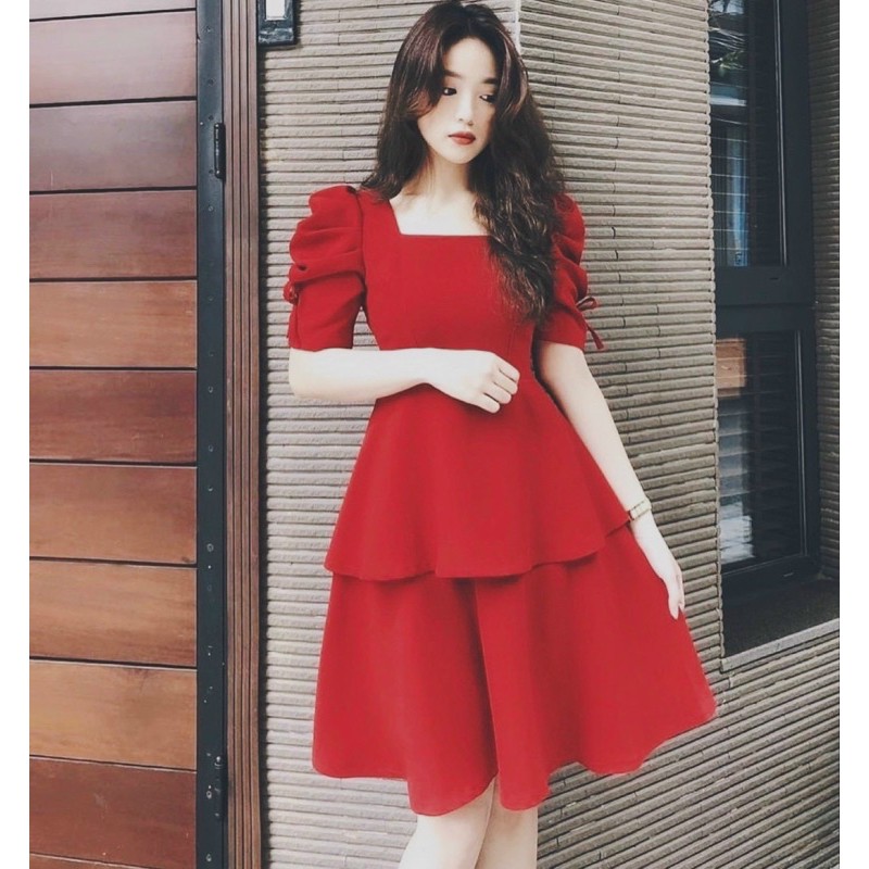 Đầm tay phồng 2 tầng 4 màu