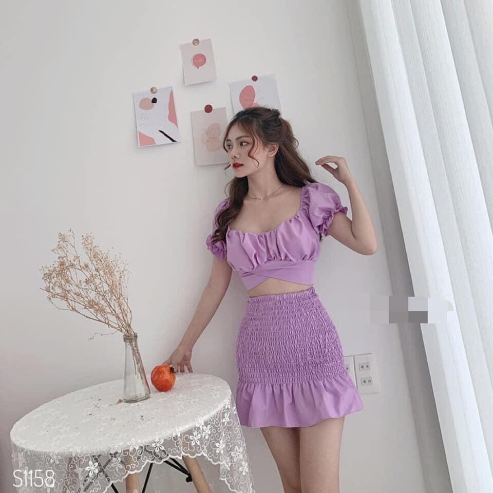 Đầm tím nhún váy hở eo phong cách TTSA0445