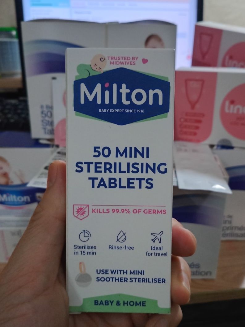 Viên tiệt trùng Milton của Anh hộp 50 viên dùng cho Cốc nguyệt san, Bột tiệt trùng Lincare