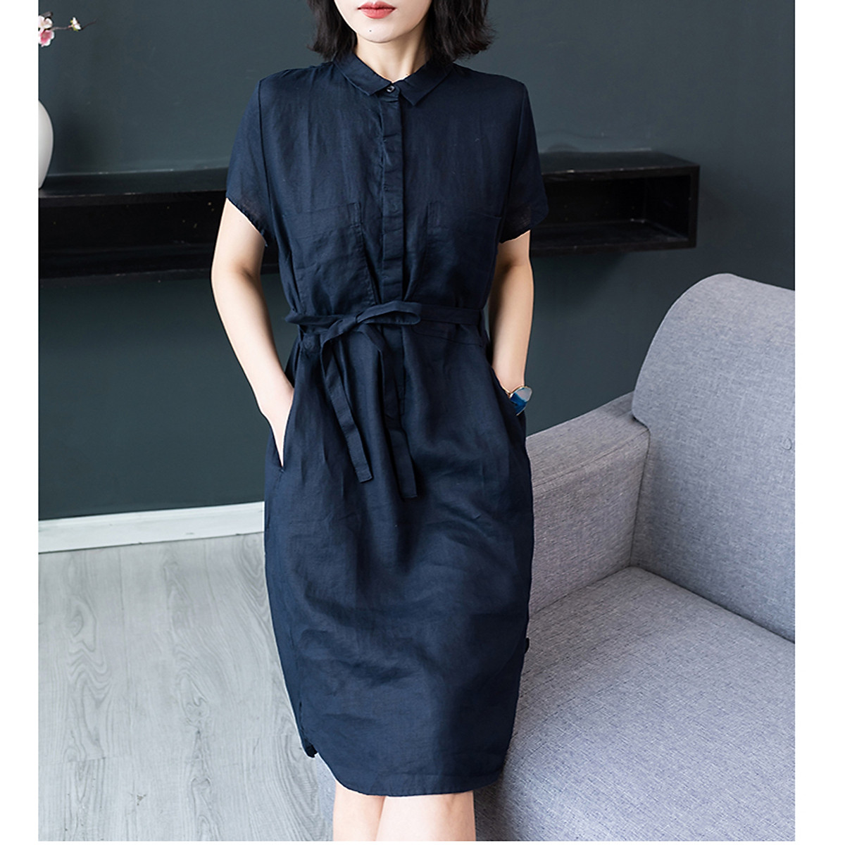 Đầm suông linen nữ slinen, cổ đức bổ trụ 2 túi ốp ngực