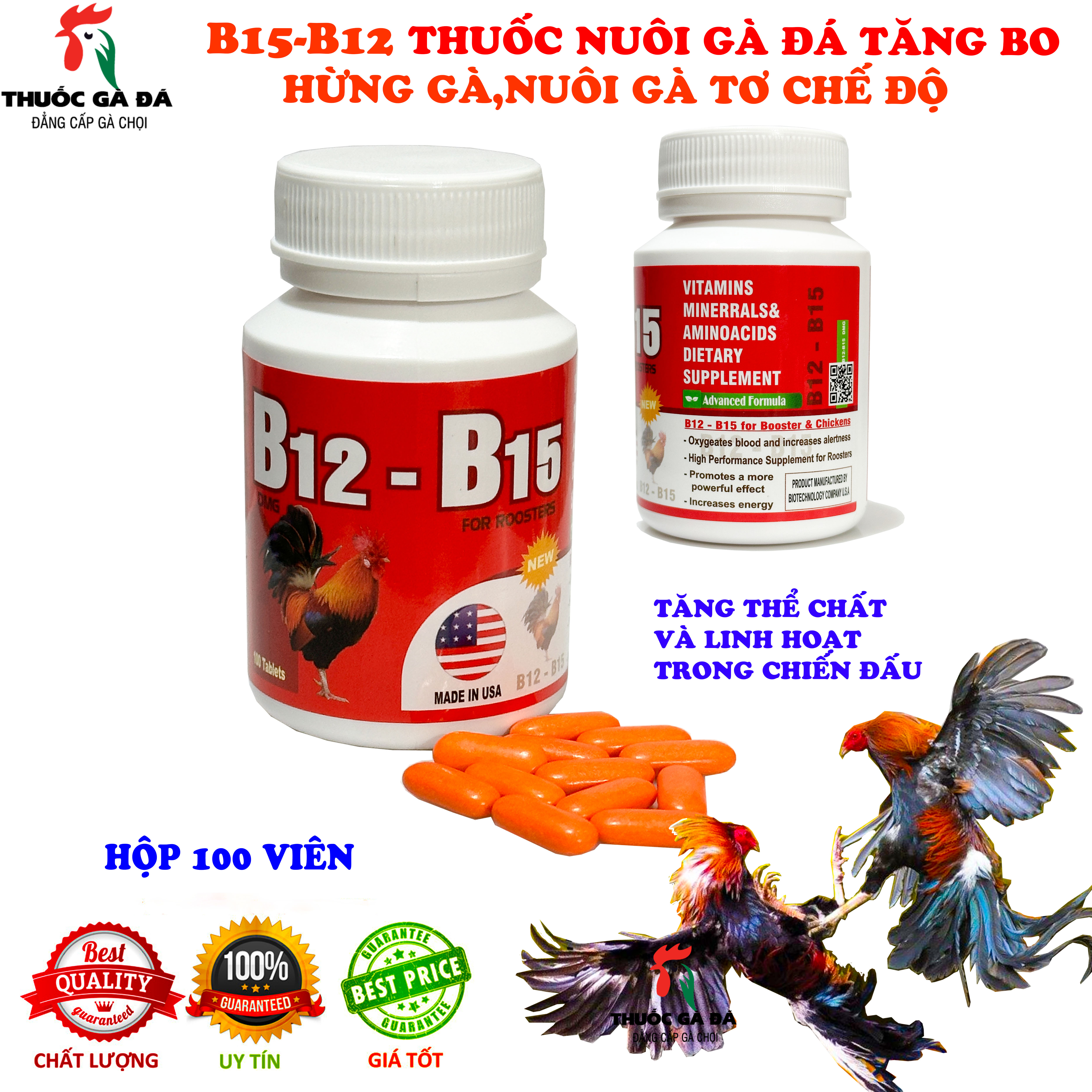 B15-B12 USA. DÀNH CHO GÀ ĐÁ- B15 & B12 Dinh dưỡng GÀ ĐÁ HŨ 100 VIÊN, Tăng bo ,tải cựa, phục hồi gà ốm dậy.
