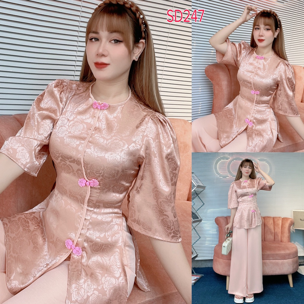 Set đồ lam đi chùɑ, set lam cổ tròn viền 3 nút եàu xinh dễ thương sd247 | anh vũ