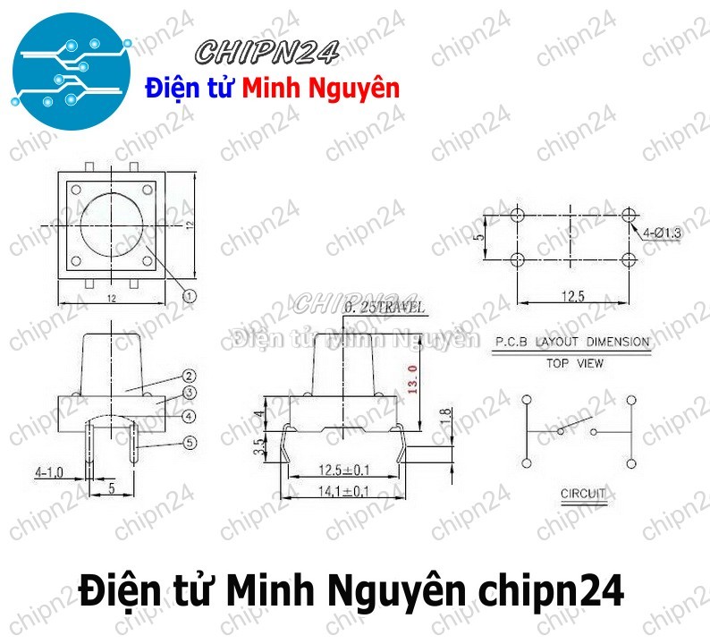 [10 cái] (F66) Nút nhấn 4 chân 12x12x13mm - HH005308