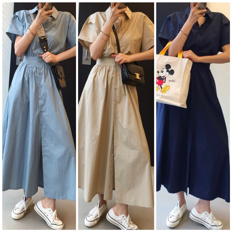 Đầm sơ mi bo eo form dài 3 màu