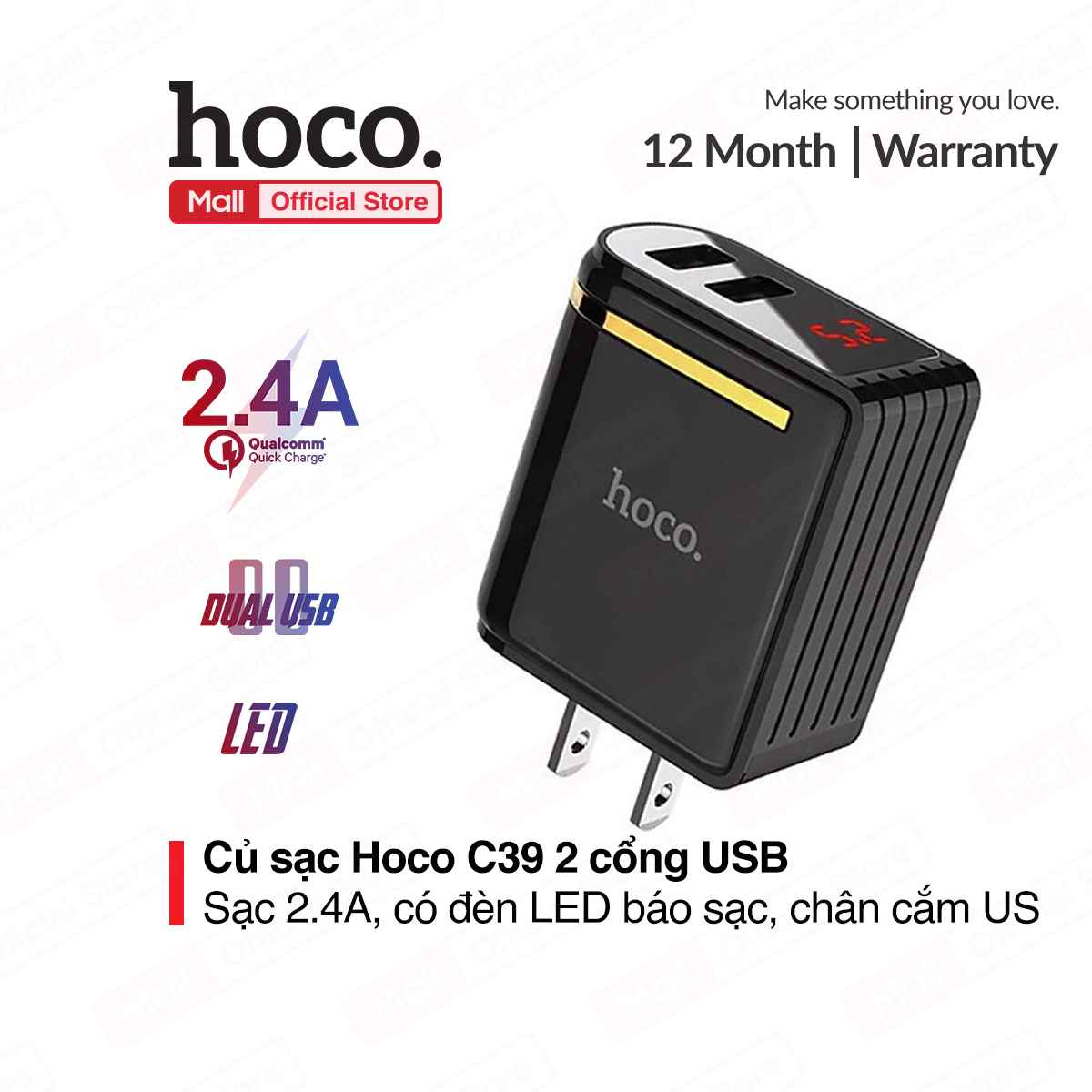 Củ sạc 2 cổng Hoco C89 sạc nhanh 2.1A Max, thích hợp với nhiều dòng thiết bị, chân cắm tiêu chuẩn US