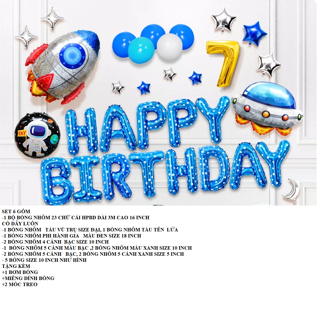 ( Đầy đủ phụ kiện ) bóng bay happy birthday ,bóng nhôm phi hành gia , tàu vũ trụ , set trang trí sinh nhật cho bé trai