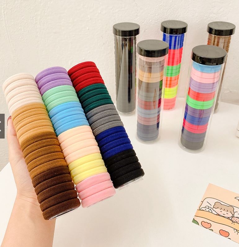 HỘP 20 Chun Buộc Tóc HGVN Nhiều Màu Sắc, Dây Buộc Tóc Trơn Kèm Ông Đựng Trong Suốt