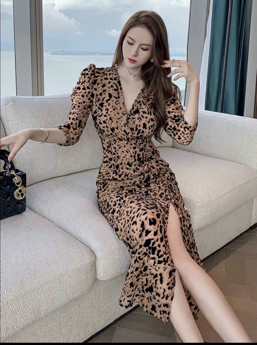 Đầm body da beo xẻ tà cao cấp-TD #damnu