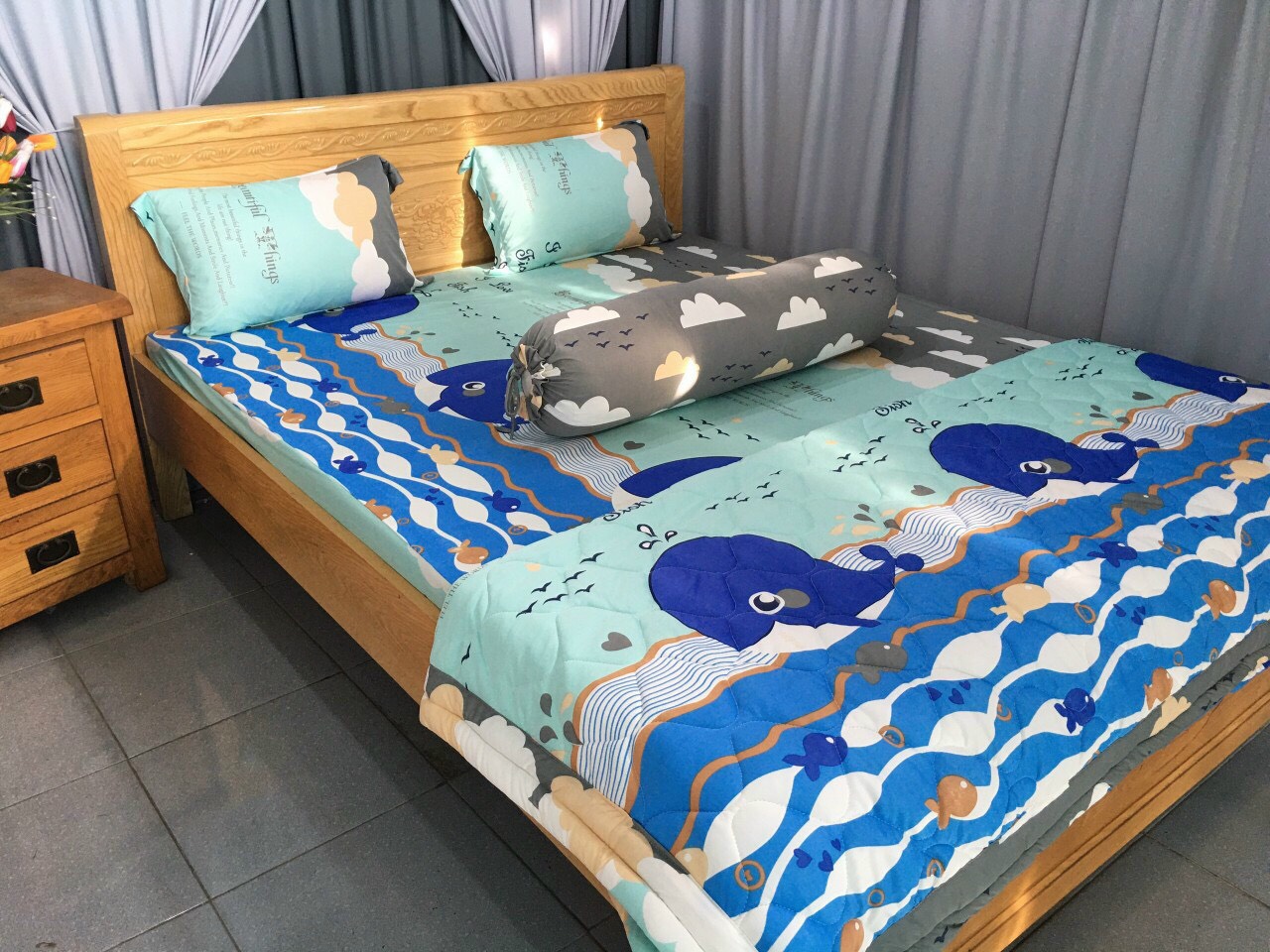 Bộ Drap thun Hàn Quốc loại 1 có mền 5 món ( 1 drap + 1 chăn chần bông + 3 áo gối) đủ size