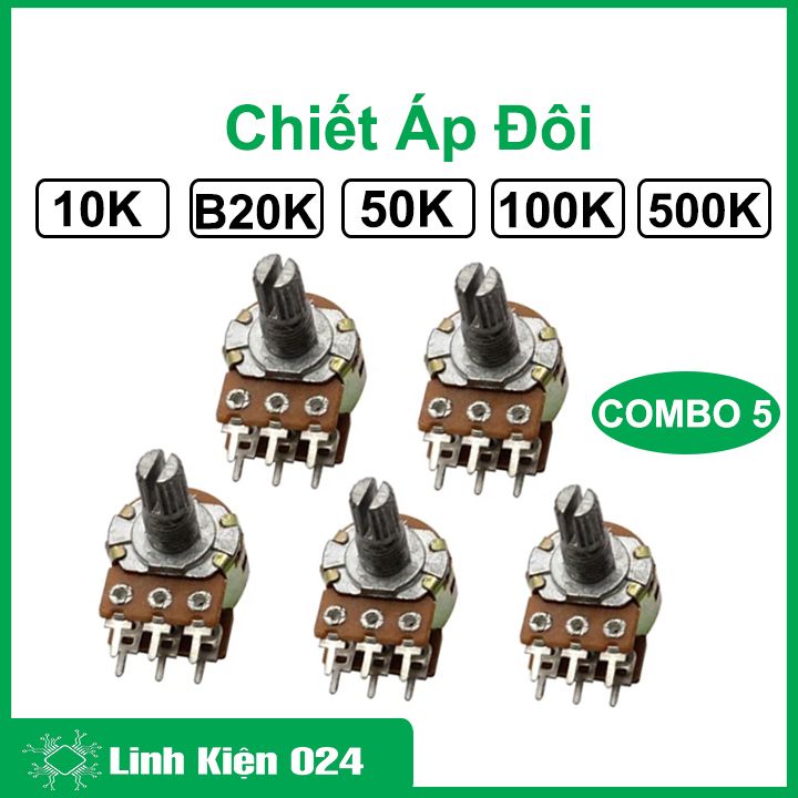 Bộ 5 chiếc chiết áp đôi 10K / B20K / 50K / 100K / 500K, biến trở volume kép 6 chân
