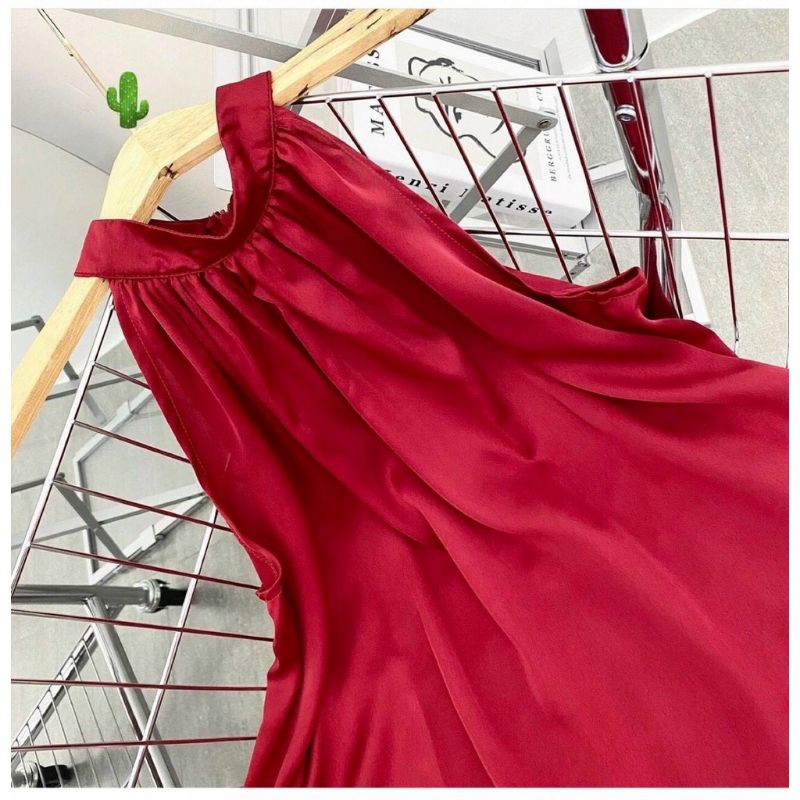 🎀 Áo kiểu cổ yếm đỏ tươi form xoè siêu xinh (có zíp sau), chất phi lụa mềm mịn🎀