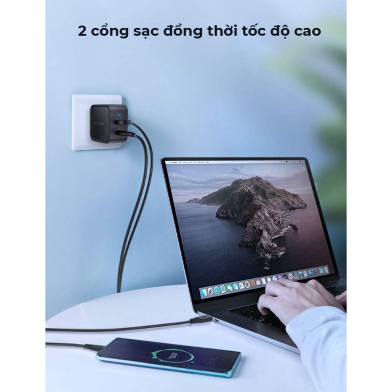 Củ Sạc Nhanh GaN 65W RavPower PD 2 cổng (USB + C) RP-CPCN002