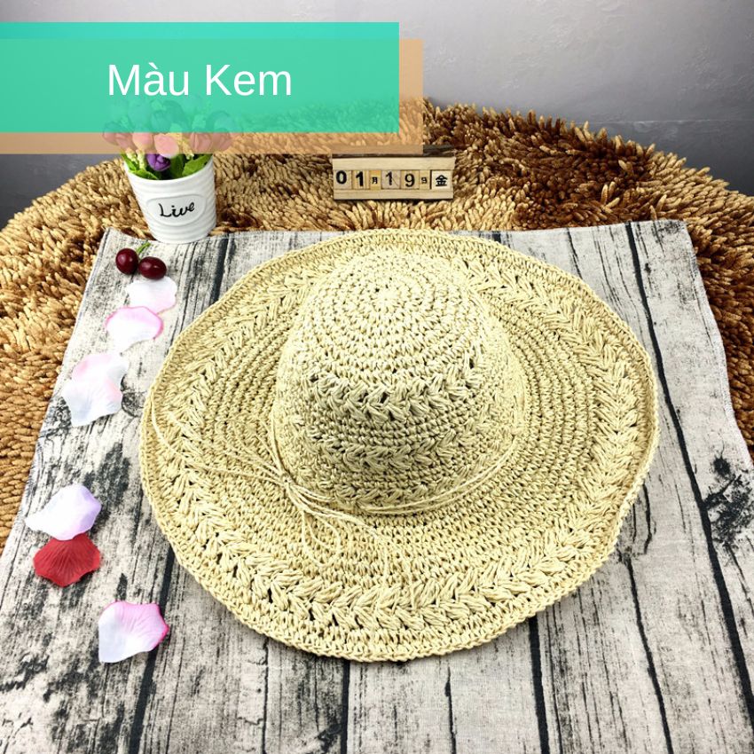 Mũ cói mềm đan móc rộng vành thắt dây cói