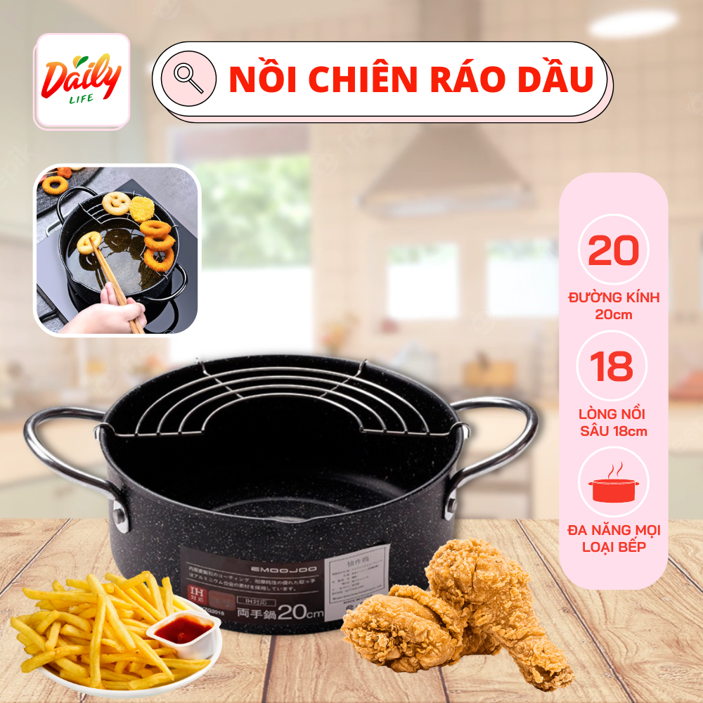 Nồi chiên ngập dầu vân đá chống dính, nồi chiên Nhật size 20cm có khay ráo mỡ vân đá siêu bền