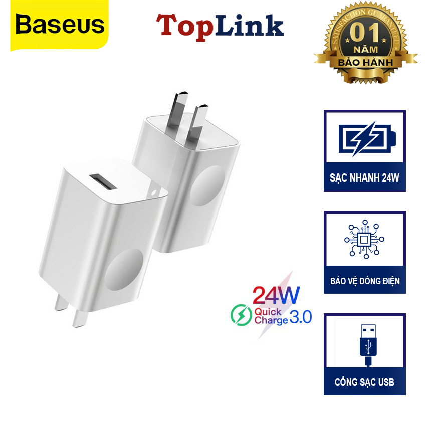 Củ Sạc Nhanh 24W Baseus Sạc Nhanh Qualcomm QC 3.0 Tự Động Điều Chỉnh Dòng Sạc Đối Với Iphone X, Iphone 11 Pro , Samsung Galaxy S8, S9, Note 8, Note 9 Xiaomi Mix 3 - TopLink