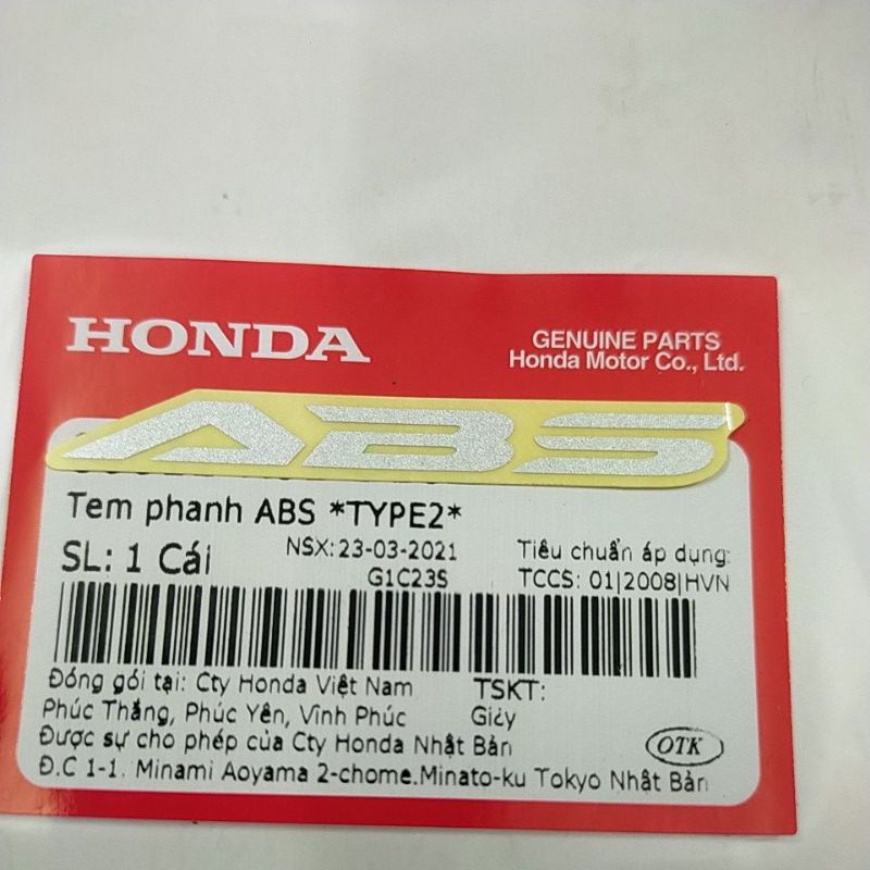 Tem dán xe dè trước abs bạc chính hãng honda sh việt nam