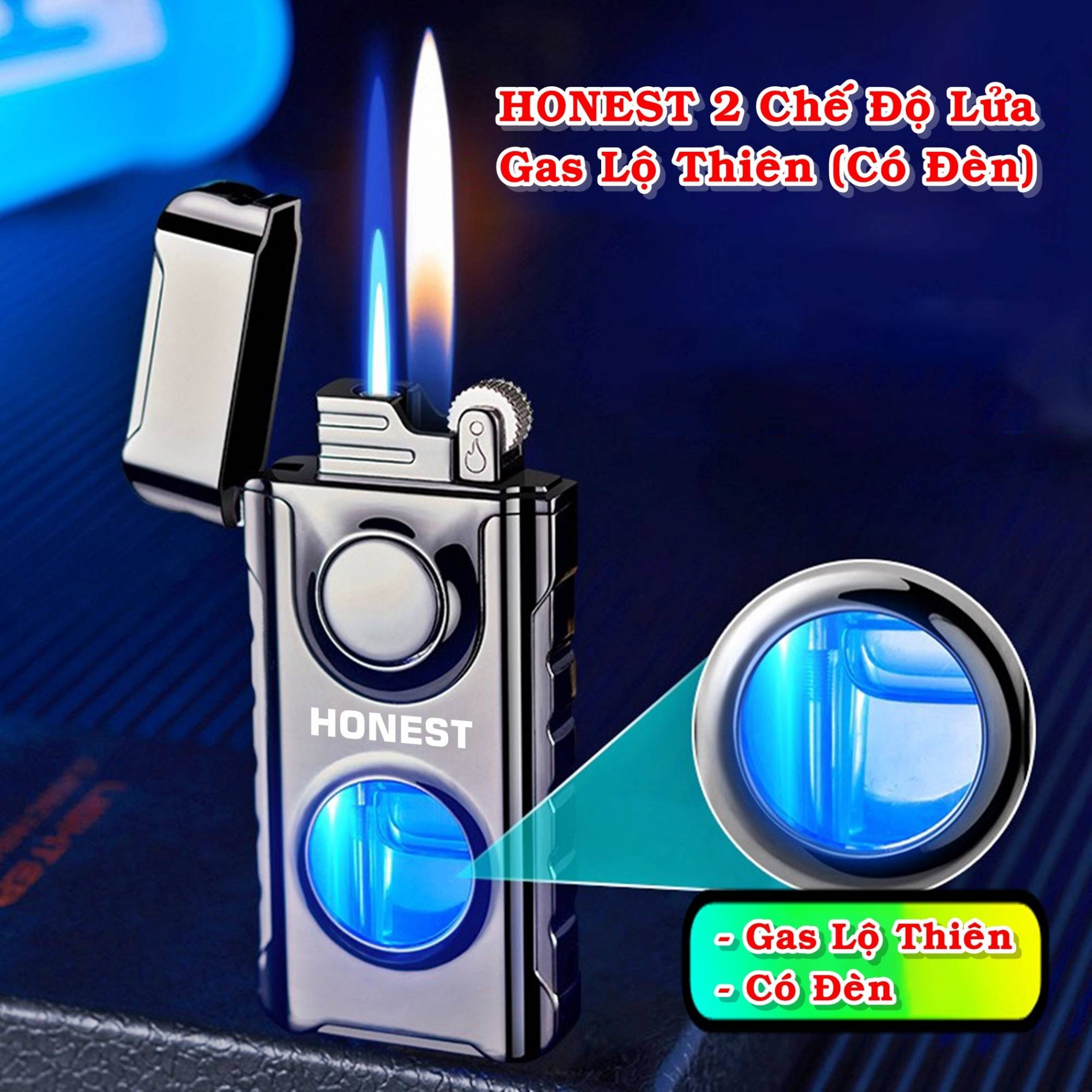 BẬT LỬA 2 CHẾ ĐỘ LỬA NHIỀU MÀU - GAS LỘ THIÊN CÓ ĐÈN
