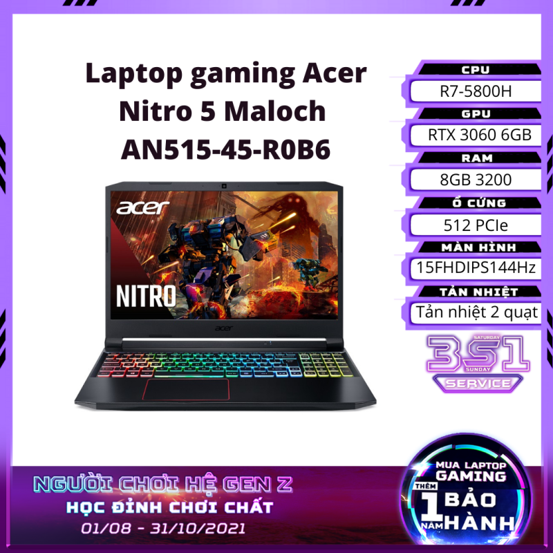 Bảng giá Laptop gaming Acer Nitro 5 Maloch AN515-45-R0B6 15FHDIPS144Hz/R7-5800H/8GB 3200/512 PCIe/AX/Win/RTX 3060 6GB/Black/2.2kg - Hàng chính hãng Phong Vũ