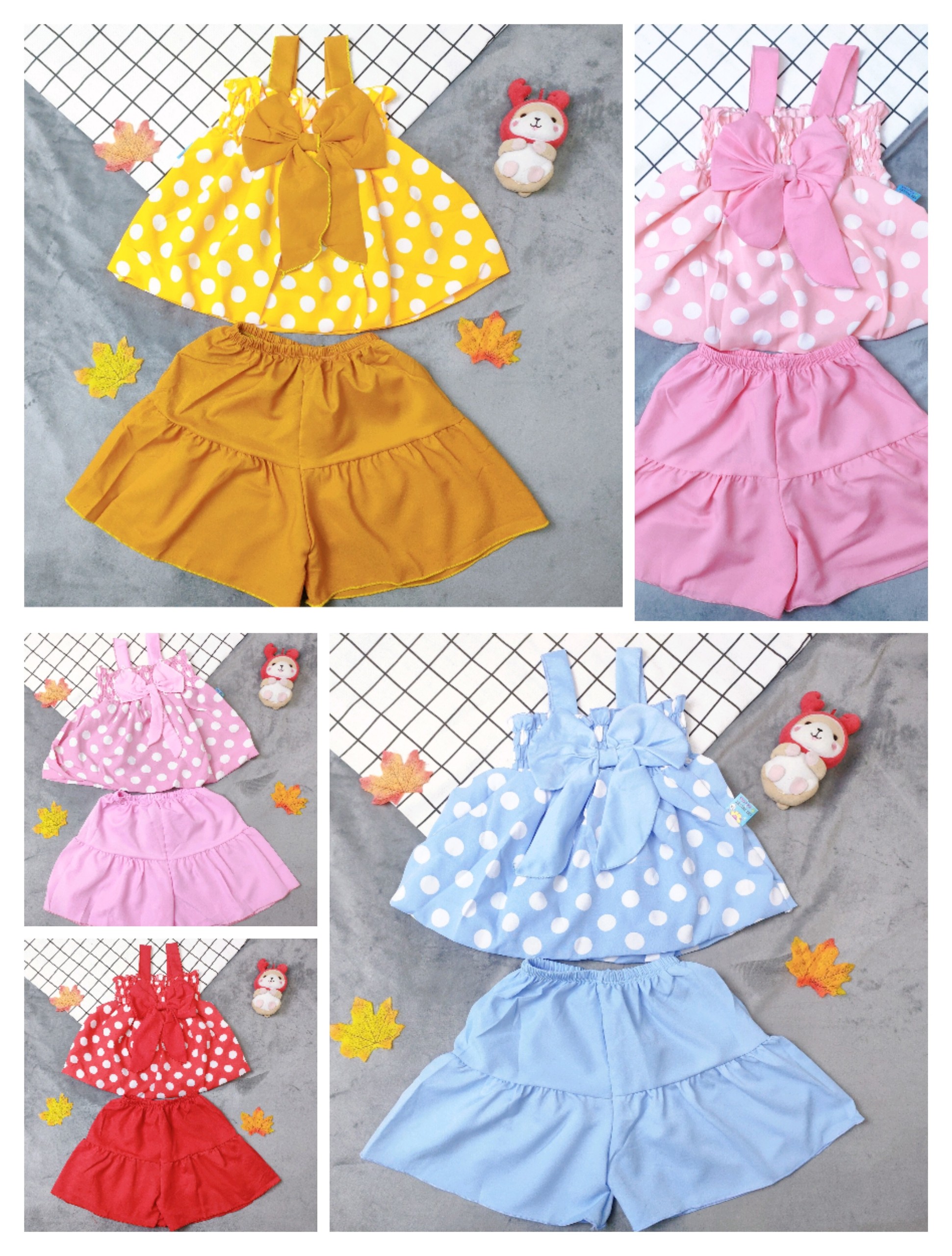 Bộ Lụa Dây Nhún Ngực Phối Nơ Bé (6-14kg) (giao màu ngẫu nhiên)
