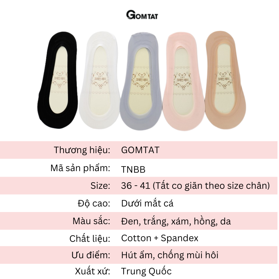 Tất nữ đi giày lười GOMTAT có đệm silicon chống tuột gót, chất liệu cotton mềm mại hút ẩm khử mùi - TNBB-1DOI