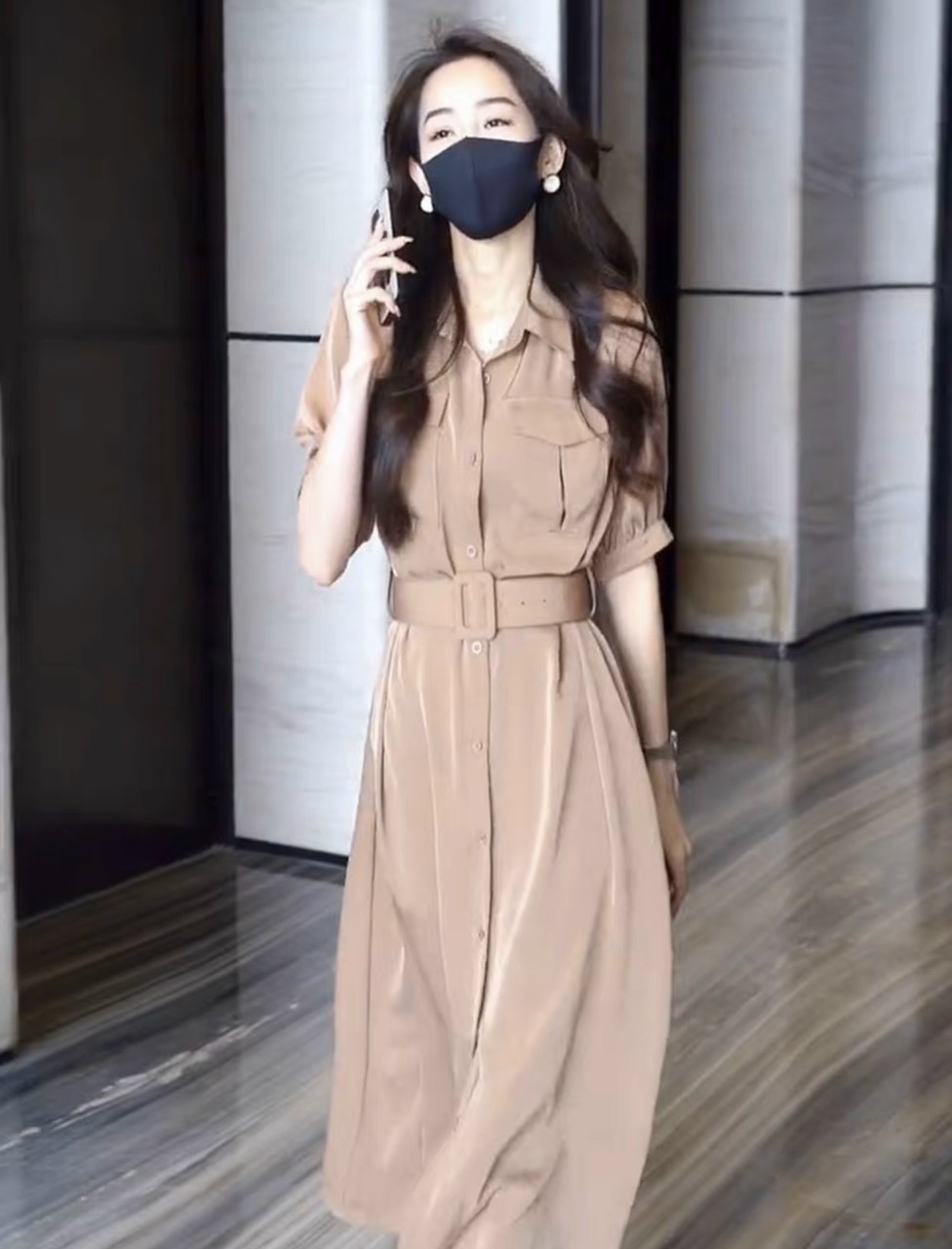 Đầm kem túi hộp kèm belt