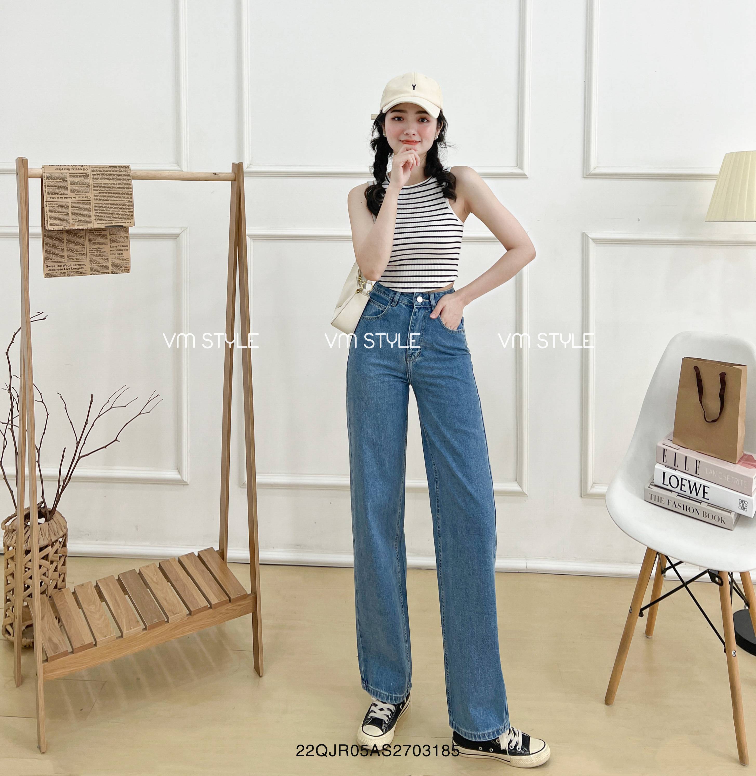 Quần jean nữ ống rộng VMSTYLE QJR00101 lưng cao trơn lai thường N110