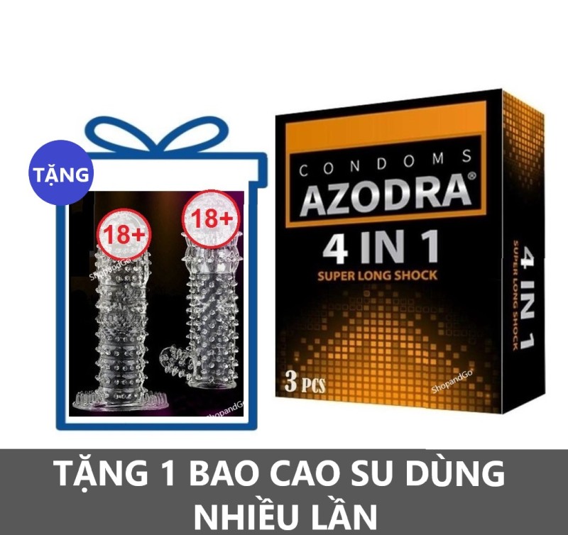 Bộ 1 hộp Bao cao su kéo dài thời gian AZODRA 3 cái tặng 1 Bcs cao cấp dùng nhiều lần