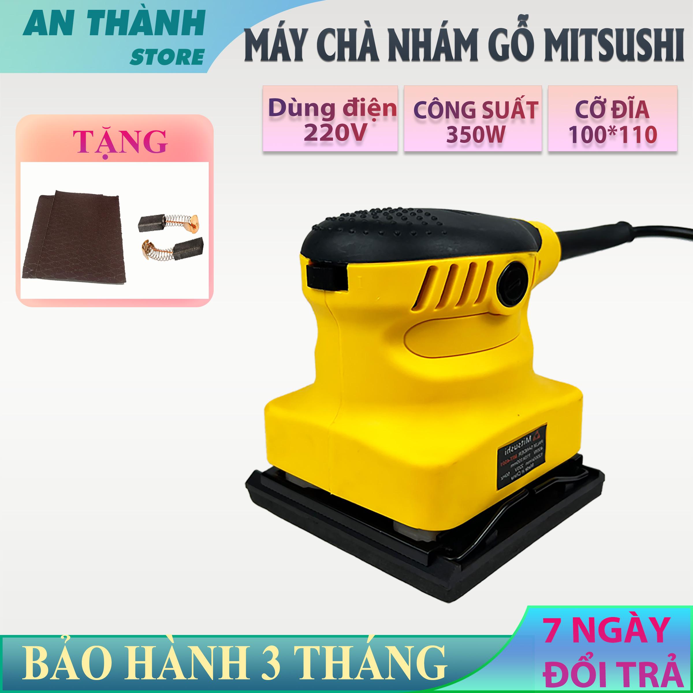 Máy chà nhám gỗ, máy chà nhám rung, máy chà gỗ chính hãng mitsushi cỡ đĩa 100x110mm công suất lớn 350w, tốc độ 12000v/p, có 2 màu đỏ và vàng