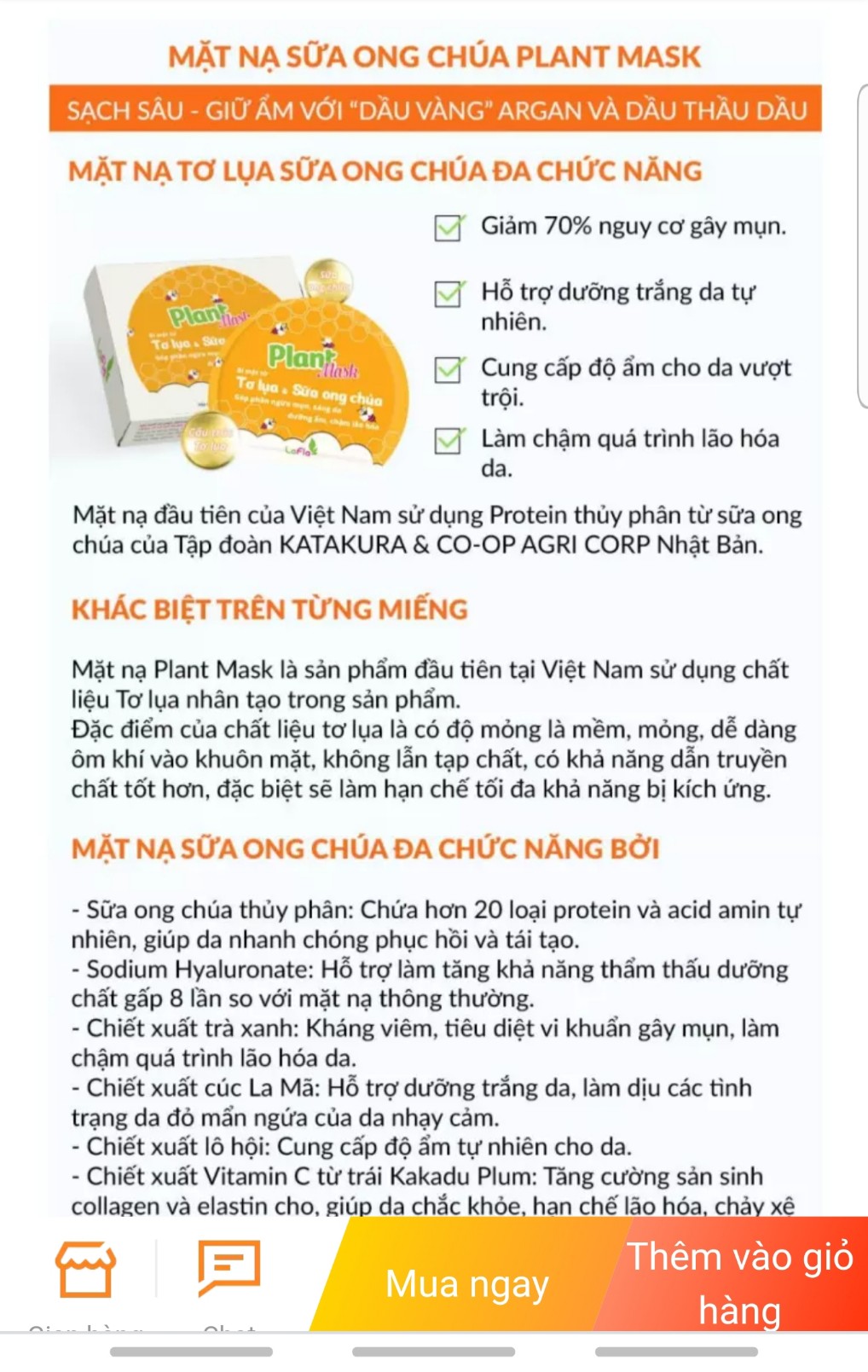 Mặt nạ tơ lụa sữa ong chúa plant mask