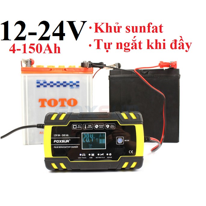 Máy nạp bình ắc quy 12V/8A-24V/4A-150ah FOXSURE thông minh tự ngắt khi đầy có chức năng khử sunfat, sạc bình ắc quy 12v ,sạc bình ắc quy 24v sạc bình ắc quy, ắc quy xe máy, ắc quy ô tô