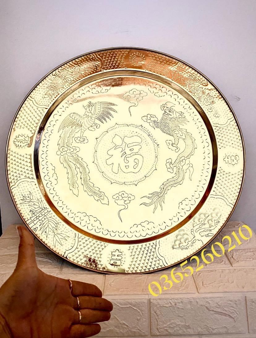 Mâm 57 cm trạm rồng phượng chất liệu bằng đồng