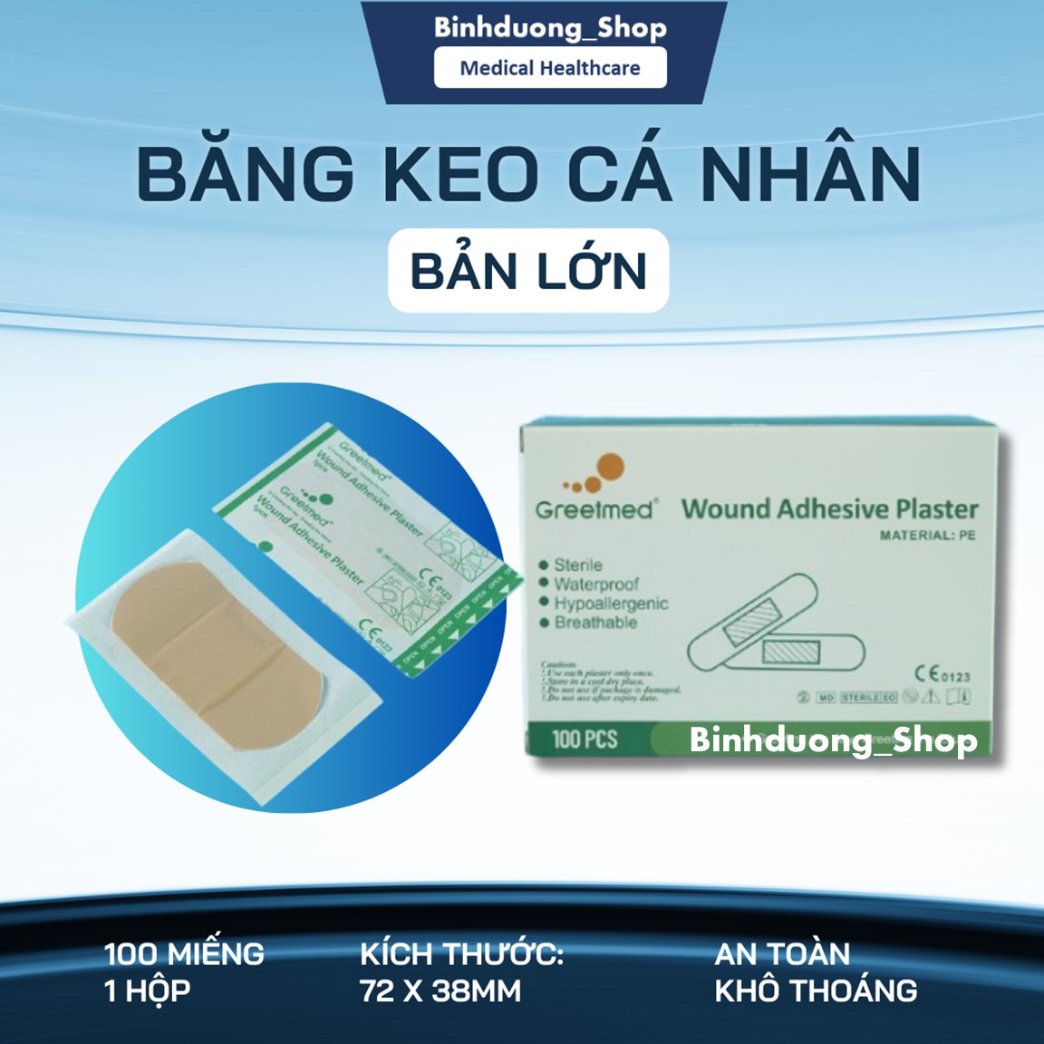 Băng Keo Cá Nhân Greetmed Kích Thước 72x38mm (100pcs/Hộp) - Giải Pháp Tiện Lợi Cho Vết Thương Lớn
