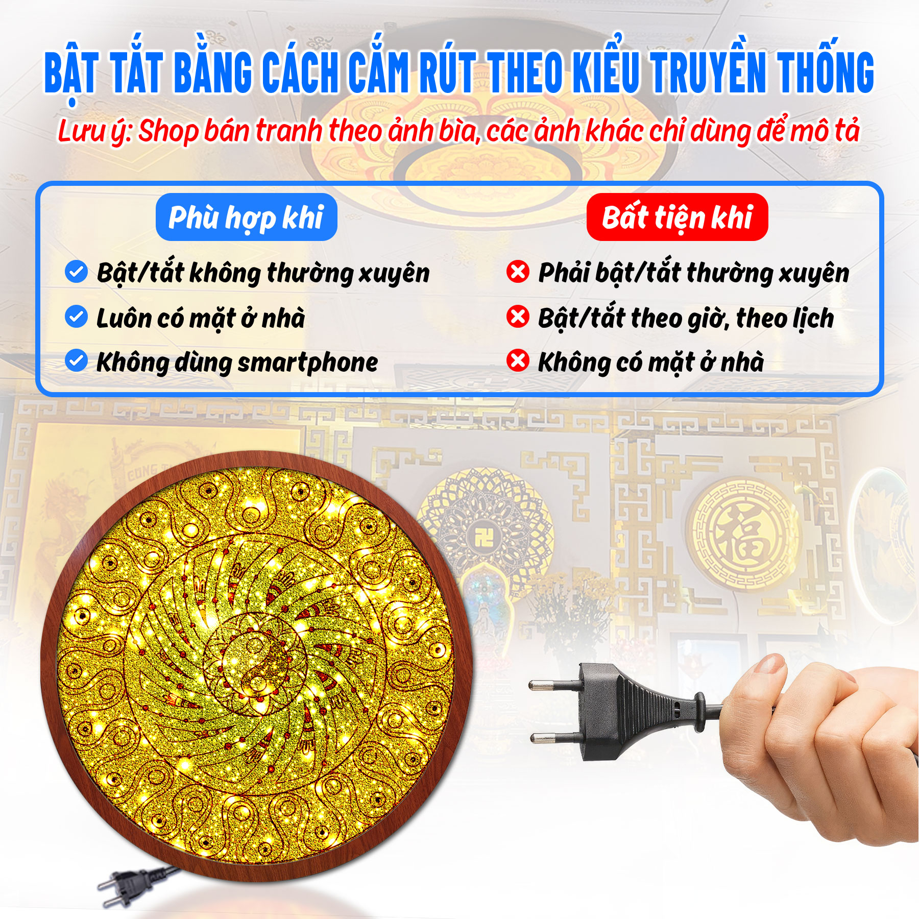 Đèn thờ hào quang phật tranh trúc chỉ tròn chân thiện mỹ, trang trí bàn thờ, hào quang trúc chỉ mandala tc-hq-59