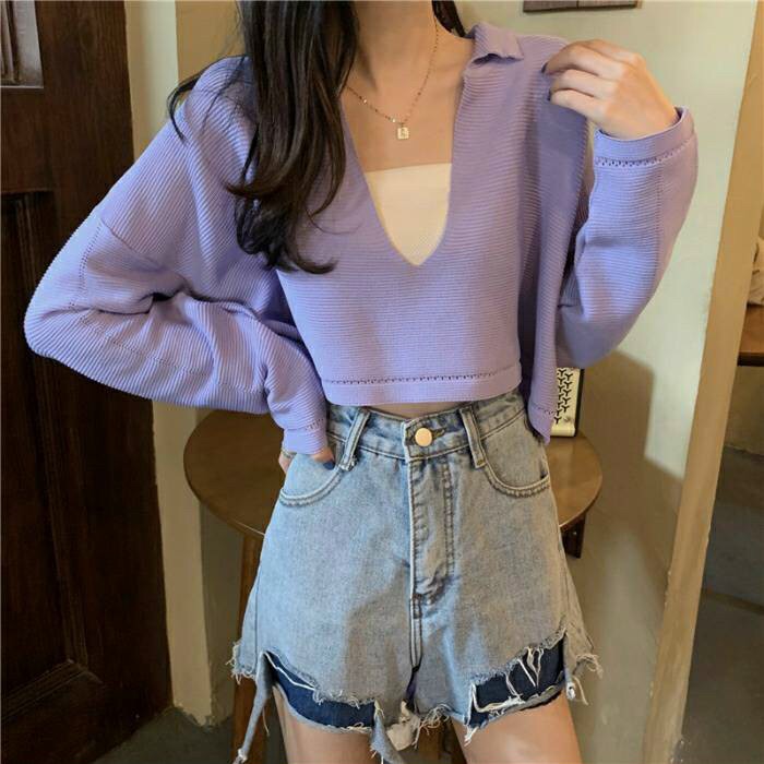 Áo thun croptop cổ trụ tay dài