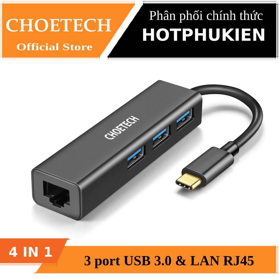 [HCM]Hub Adapter chuyển đổi 4 in 1 Type-C ra 3 cổng USB 3.0 & cổng LAN RJ45 hiệu CHOETECH U02BK dùng cho Macbook / Laptop (tốc độ cao kết nối nhiều thiết bị kết nối internet có dây) (Bảo hành 03 tháng 1 đổi 1) - Phân phối bởi Hotpukien