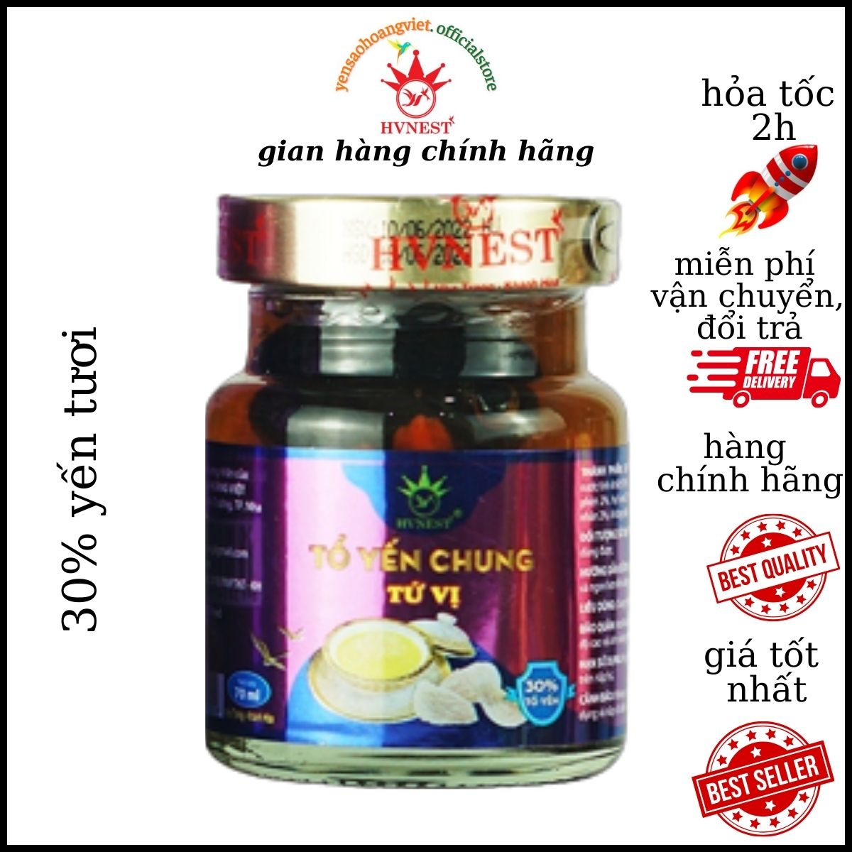 Yến chưng sẵn 30% , nước yến Hoàng Việt chưng tứ vị , nguồn gốc  Khánh Hòa - Nha Trang, hũ 70ml bồi bổ sức khoẻ , bổ sung dưỡng chất
