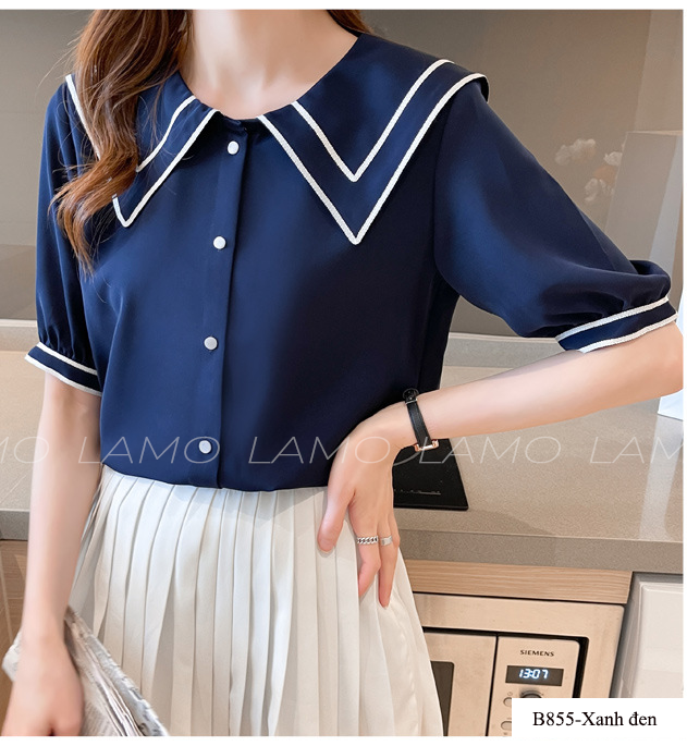 Áo sơ mi nữ đũi phối viền cổ - B855