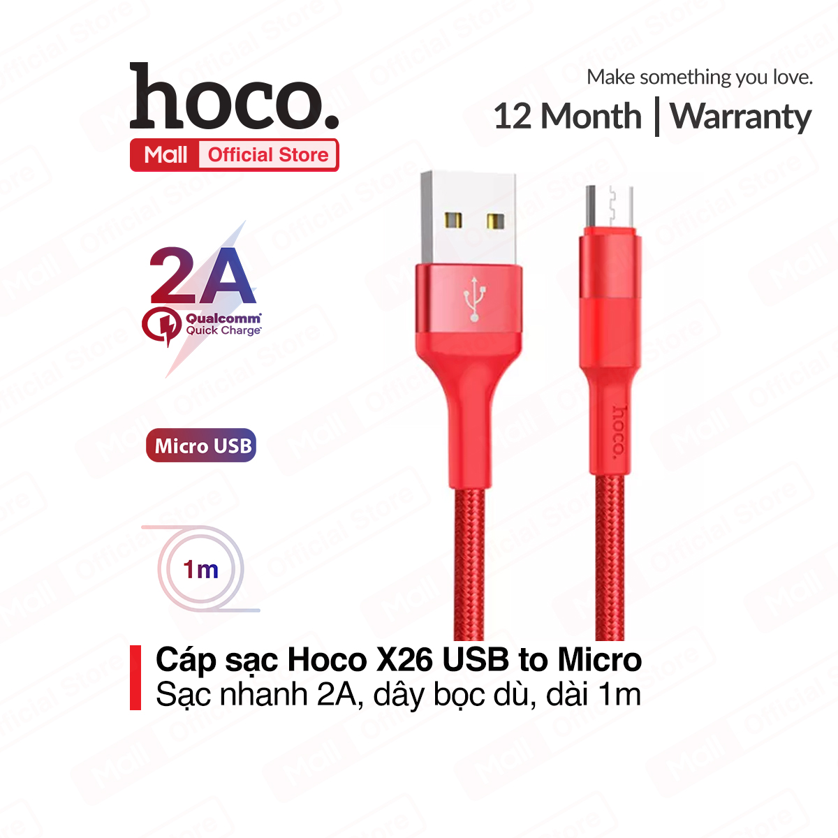 Cáp sạc đa năng Lightning - Micro - Type C Hoco X26 dài 1M siêu bền - Bảo hành 6 tháng