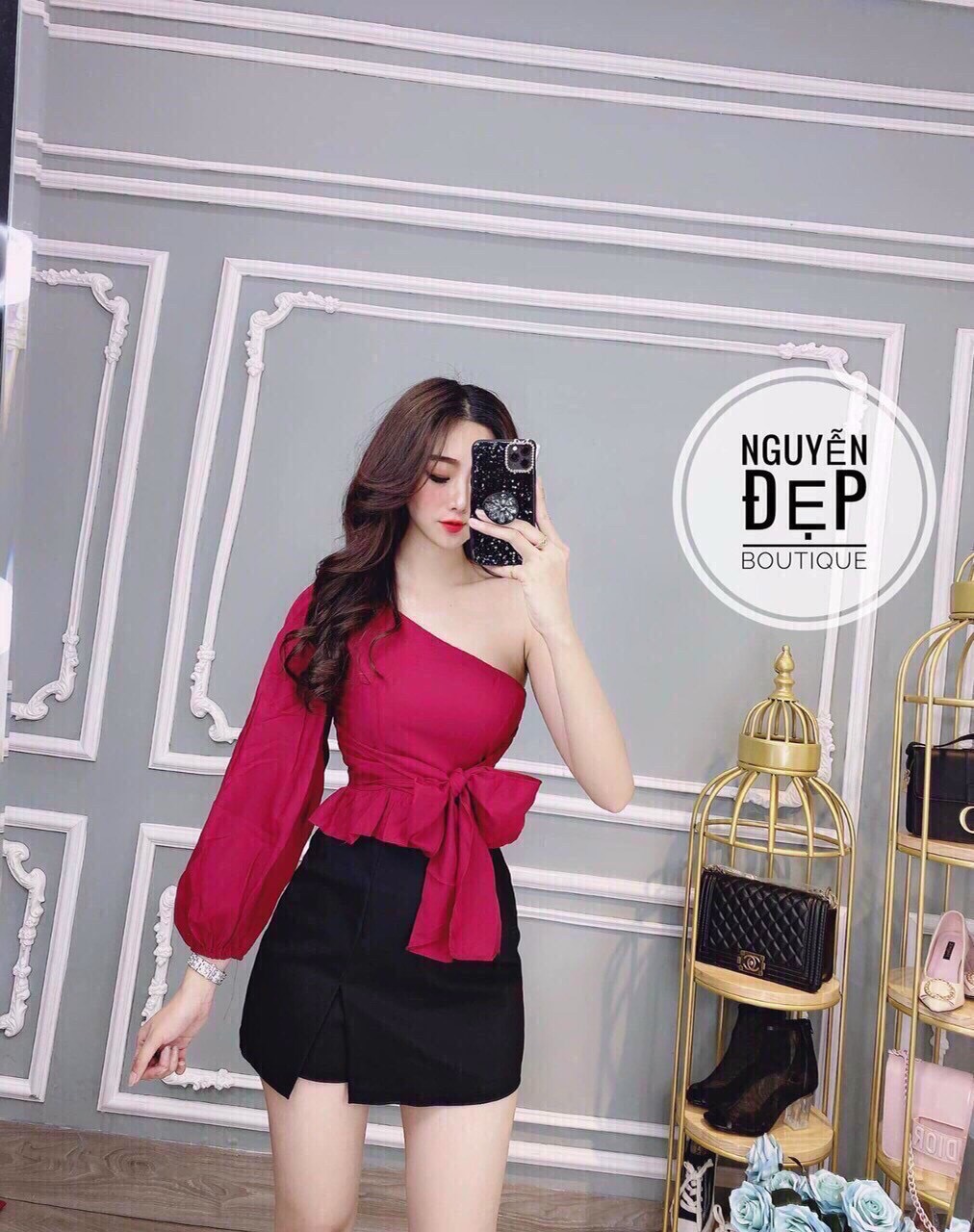 [HCM]Áo tay dài phồng lệch vai phi lụa