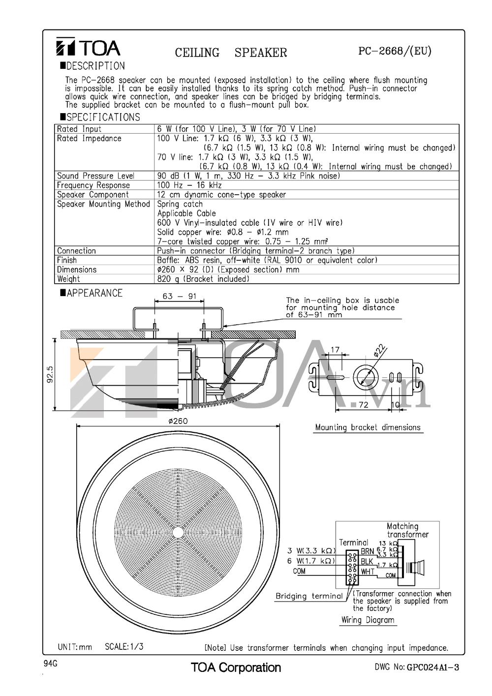 TOA PC-2668 Loa Gắn Trần 6W